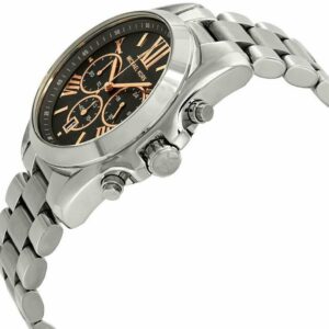 Angled view of Michael Kors Bradshaw watch showing grey dial with rose gold accents and stainless steel bracelet