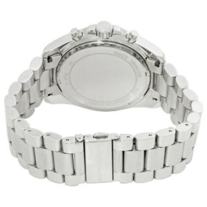 Caseback of Michael Kors Bradshaw watch with stainless steel link bracelet and deployment clasp