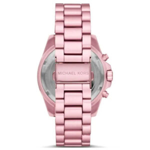 Michael Kors Bradshaw watch back view showing pink-tone stainless steel bracelet and case back