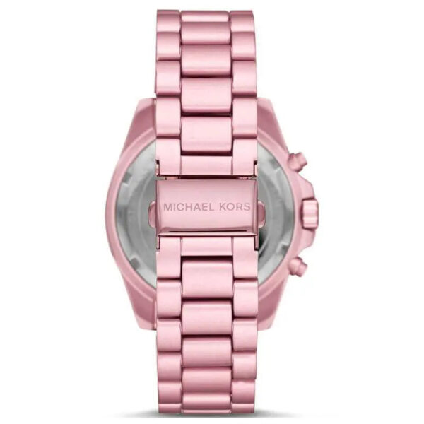 Michael Kors Bradshaw watch back view showing pink-tone stainless steel bracelet and case back
