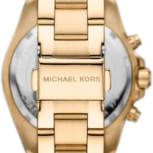 Back view of Michael Kors Bradshaw watch showing case back and gold link bracelet