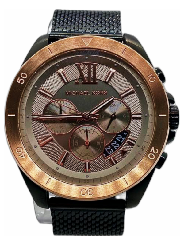 Close-up of Brecken MK8868 grey dial with Roman numerals, chronograph sub-dials, and rose gold accents