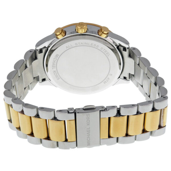Caseback view of two-tone stainless steel bracelet with Michael Kors branding