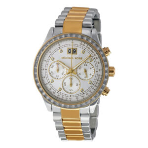 Michael Kors Brinkley chronograph watch with silver dial, two-tone case, and crystal-set bezel