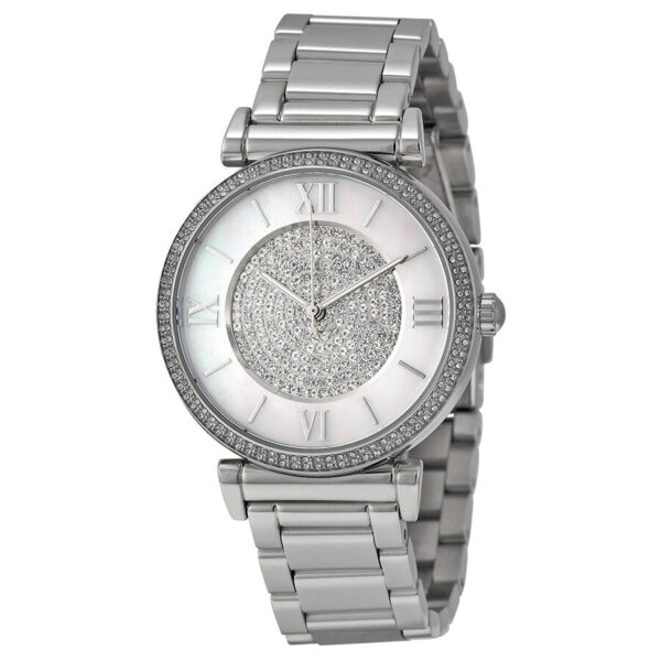 Michael Kors Caitlin MK3355 silver-tone watch with crystal pave dial and crystal-set bezel