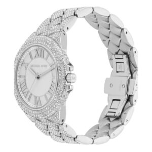 Michael Kors Camille Pavé watch with crystal-set silver bracelet and case shown from side angle