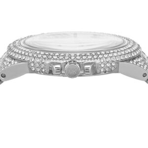 Michael Kors Camille Pavé watch side view showing crystal-set lugs and white dial