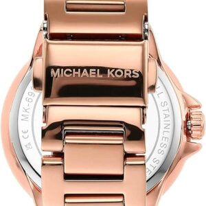 Michael Kors Camille watch caseback showing rose gold bracelet and Michael Kors branding