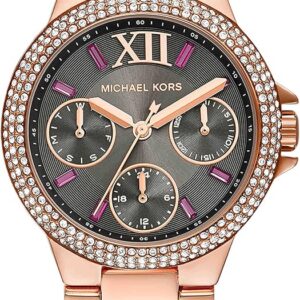 Michael Kors Camille rose gold women's watch with dark grey multifunction dial and crystal bezel
