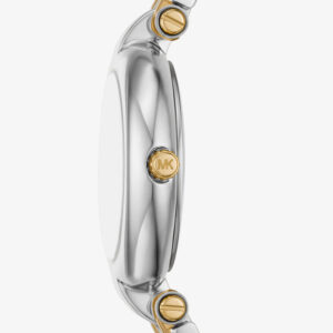 Side view of Michael Kors Charleston watch showing two-tone case and mixed metal bracelet