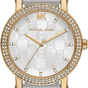 Michael Kors Corey women's watch with white mother-of-pearl dial, gold-tone case, crystal bezel, and white leather strap