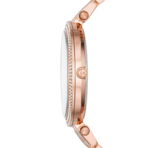 Side view of Michael Kors Darci rose gold watch showing case profile and crystal bezel