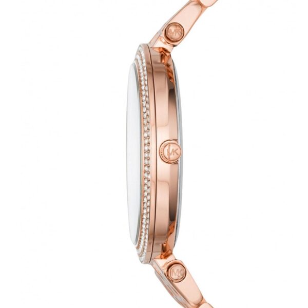 Side view of Michael Kors Darci rose gold watch showing case profile and crystal bezel