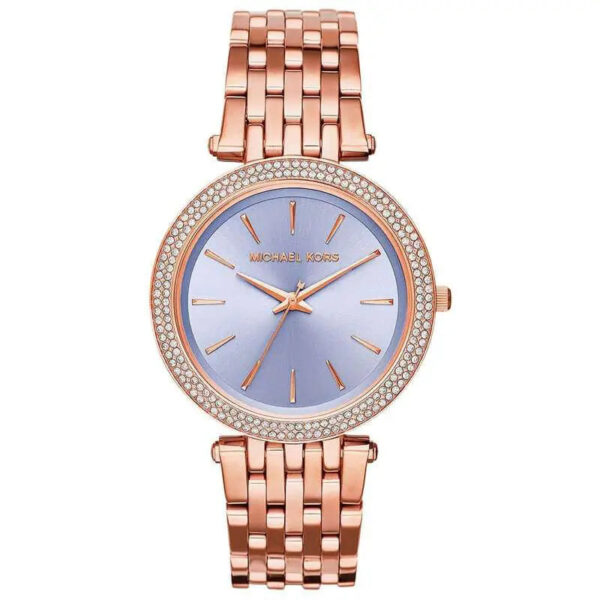 Michael Kors Darci MK3400 women's watch with purple dial, rose gold-tone case, and crystal bezel