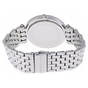 Michael Kors Darci watch caseback showing stainless steel silver-tone bracelet