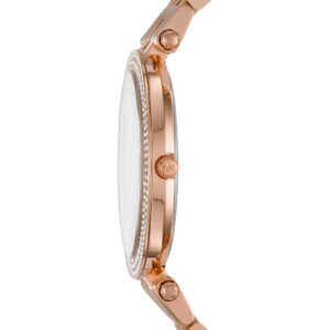 Side view of Michael Kors Darci watch showing rose gold-tone case and crystal bezel