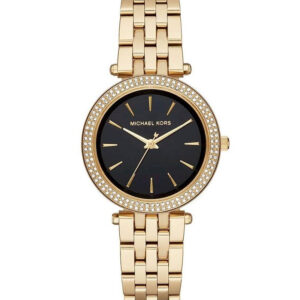 Michael Kors Darci watch angled view showing black dial and gold bracelet
