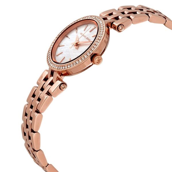 Michael Kors Darci watch angled side view showing rose-gold bracelet and white dial