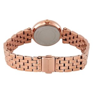 Michael Kors Darci watch caseback showing rose-gold stainless steel case and bracelet