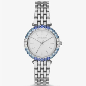 Michael Kors Darci Pave silver-tone watch displayed on wrist with crystal-set bezel and bracelet