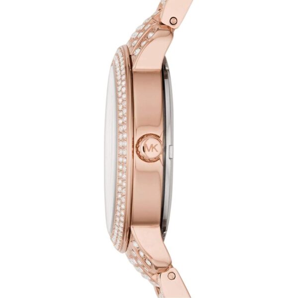 Michael Kors Darci Pave watch side profile showing rose gold case and crystal-pave bezel