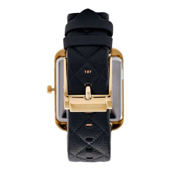 Back view of Michael Kors Drew MK2769 watch showing gold case back and black leather strap