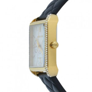 Side view of Michael Kors Drew watch with crystal-set bezel and black quilted leather band