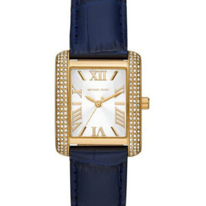 Michael Kors Emery gold-tone pavé watch with white dial and navy leather strap