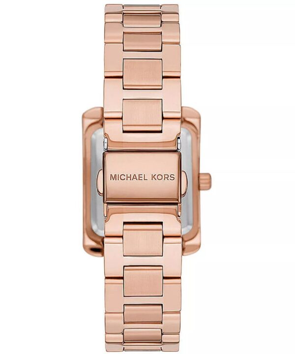 Back view of Michael Kors Emery watch showing rose gold-tone case back and link bracelet