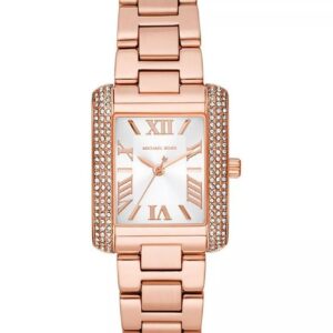 Michael Kors Emery rose gold-tone women's watch with rectangular white dial and crystal-studded bezel
