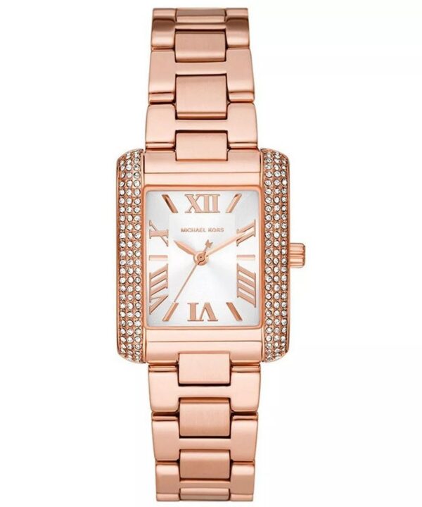 Michael Kors Emery rose gold-tone women's watch with rectangular white dial and crystal-studded bezel