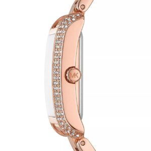 Side view of Michael Kors Emery watch showing crystal-accented case edge and crown