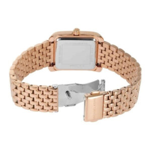 Michael Kors Emery Pavé rose gold-tone watch shown from back with fold-over bracelet clasp
