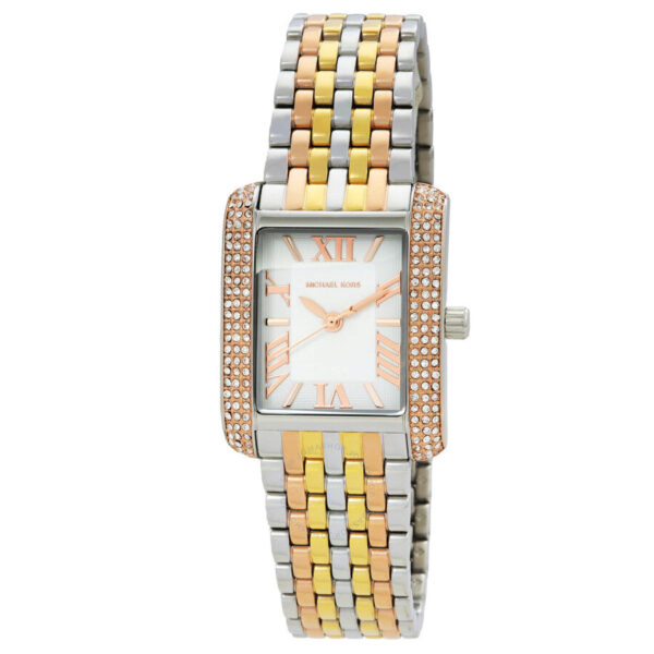 Michael Kors Emery tri-tone ladies watch with white dial, Roman numerals, and crystal-set case