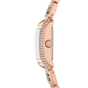 Side profile of Michael Kors Emery MK7512 watch showing crystal-adorned bezel and rose gold-tone case