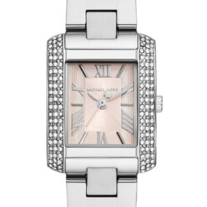 Michael Kors Emery MK7514 women's watch with pink MOP dial, three hands, silver-tone rectangular case and bracelet with crystal-set bezel