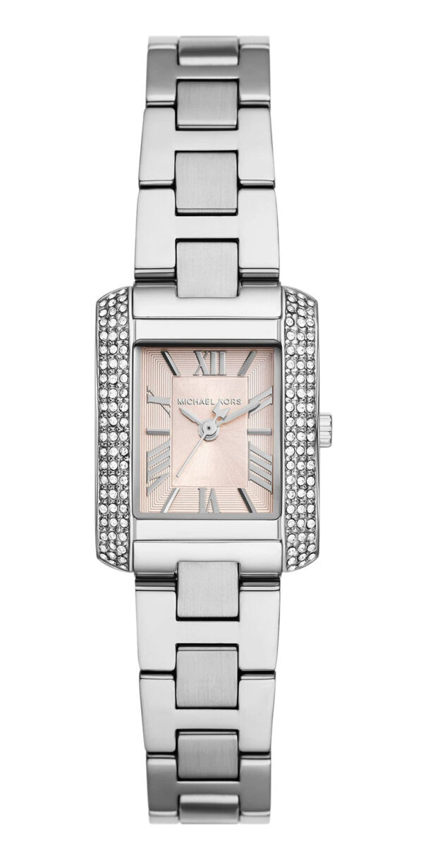 Michael Kors Emery MK7514 women's watch with pink MOP dial, three hands, silver-tone rectangular case and bracelet with crystal-set bezel