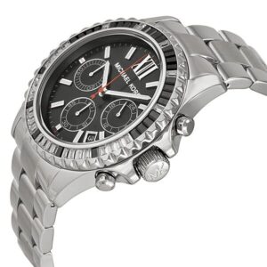 Michael Kors Everest chronograph watch angled side view with stainless steel band and black face