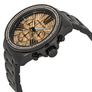 Michael Kors Everest watch angled view showing rose chronograph dial and diamond bezel