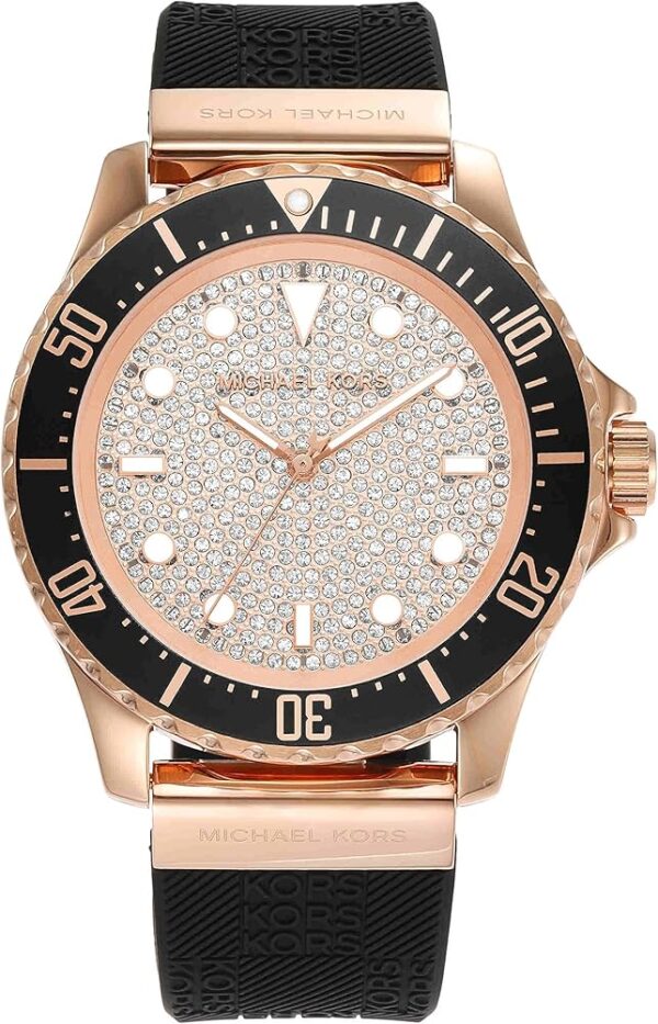 Michael Kors Everest rose gold watch with pavé crystal dial and black silicone strap