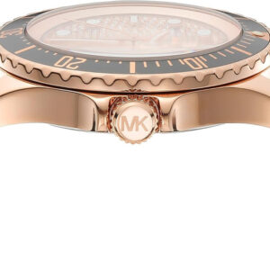 Michael Kors Everest watch side view showing rose gold case and black strap