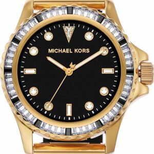 Michael Kors Everest watch with black dial, pavé crystal bezel, gold case and black silicone strap