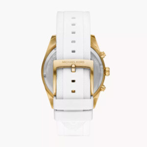 Caseback view of Michael Kors Hadyn MK7484 with white silicone strap and gold-tone buckle