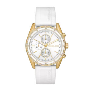 Michael Kors Hadyn MK7484 gold-tone chronograph watch with white silicone strap and pavé bezel