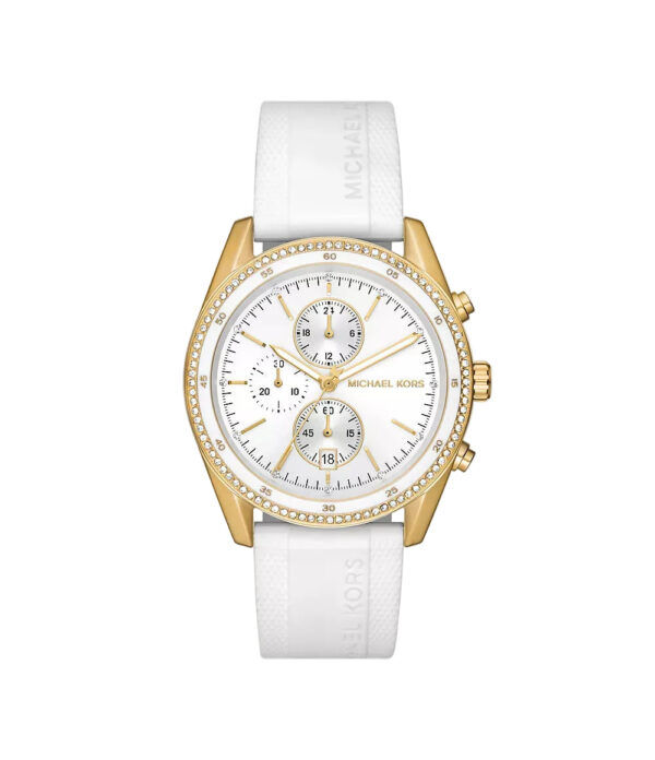 Michael Kors Hadyn MK7484 gold-tone chronograph watch with white silicone strap and pavé bezel
