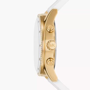 Side profile of Michael Kors Hadyn MK7484 showing gold-tone case and chronograph pushers