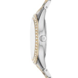 Michael Kors Harlowe MK4811 watch side profile showing two-tone bracelet and crystal bezel