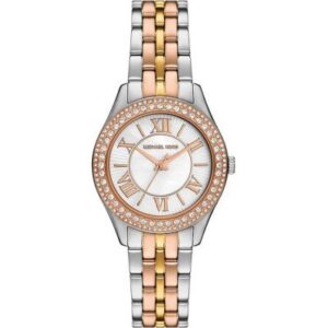 Michael Kors Harlowe MK4846 watch with crystal bezel, silver and rose gold-tone bracelet, white dial with Roman numerals