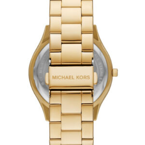 Michael Kors Janelle watch caseback view with gold-tone case and two-tone strap
