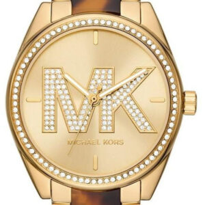 Michael Kors Janelle two-tone tortoise acetate women's watch with crystal bezel and MK logo dial